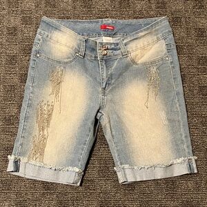 BONGO Light Blue Jean Shorts with Distressed Details and Cute Silver Tassels